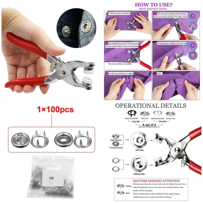 High-Quality Metal Tich Button Tool with 100 Buttons